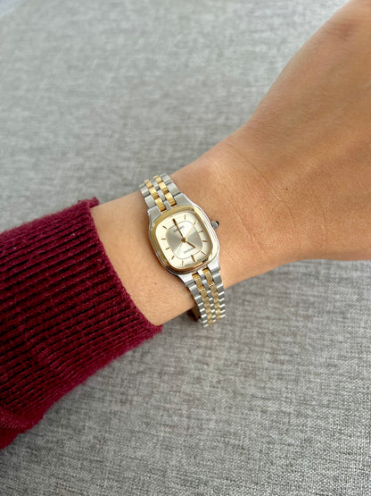 Seiko Exceline Two Tone Soft Rectangular Womens Watch with Silver Sunburst Dial