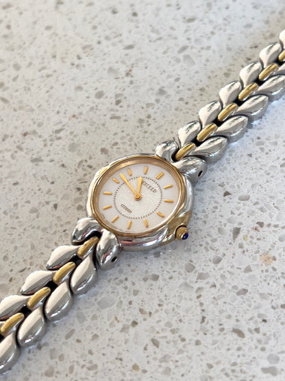 Citizen Two Tone Woman's Watch with Leaf Bracelet, Diamond Dust Dial & Blue Crown Stone