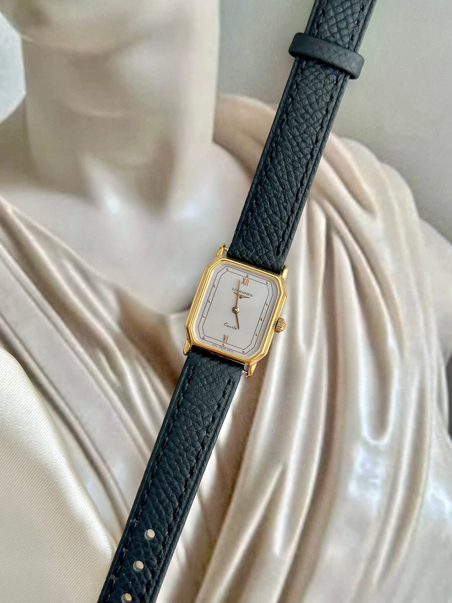 Longines Gold Tone Rectangular Women's Watch with a Smoke Silver Dial