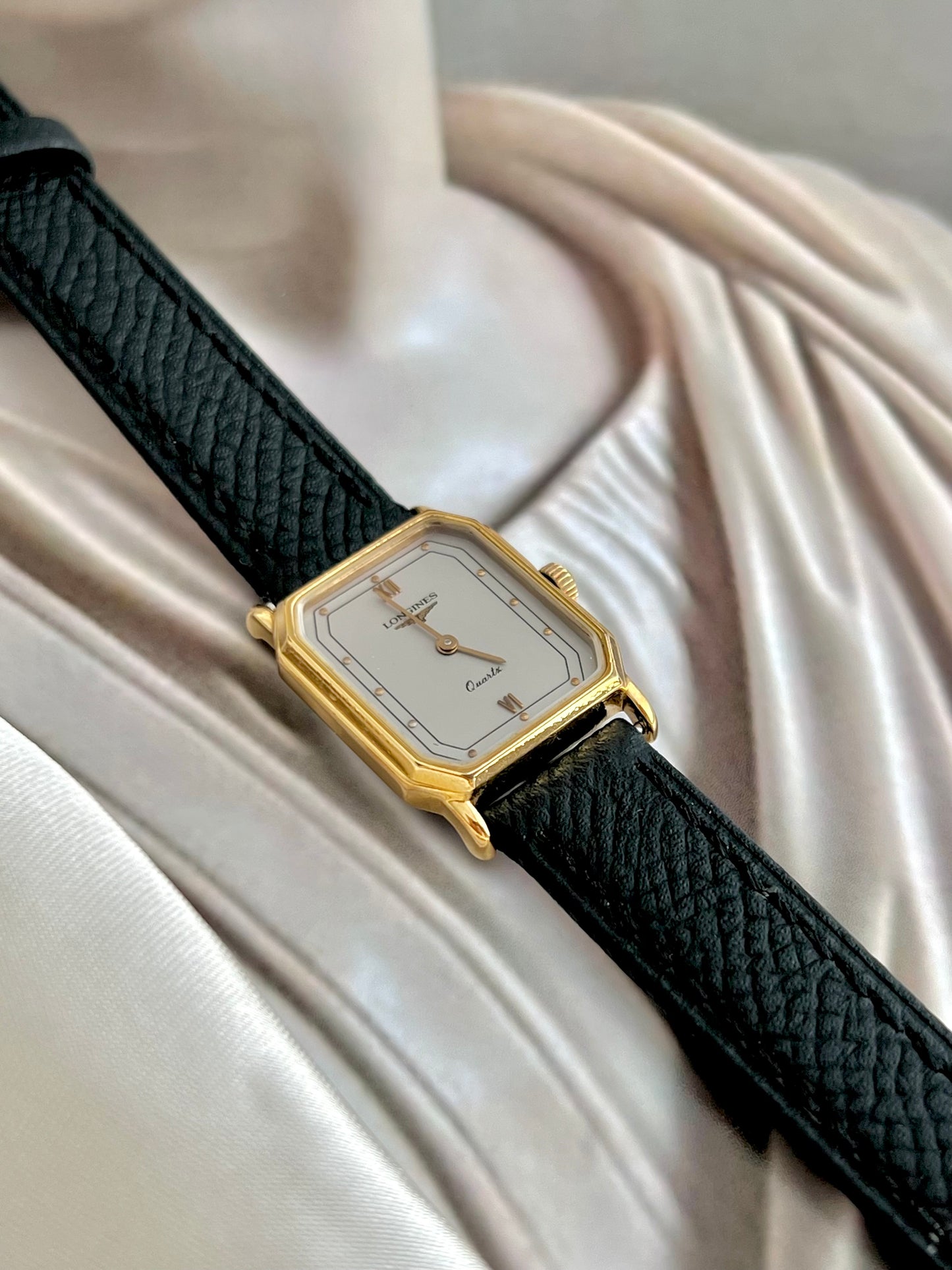 Longines Gold Tone Rectangular Women's Watch with a Smoke Silver Dial