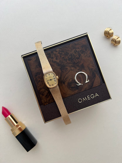 Omega 14k Gold Filled Women's Watch with Roman Dial and Mesh Bracelet