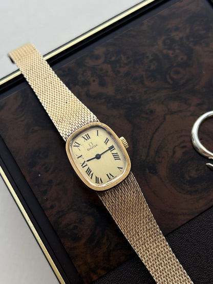 Omega 14k Gold Filled Women's Watch with Roman Dial and Mesh Bracelet