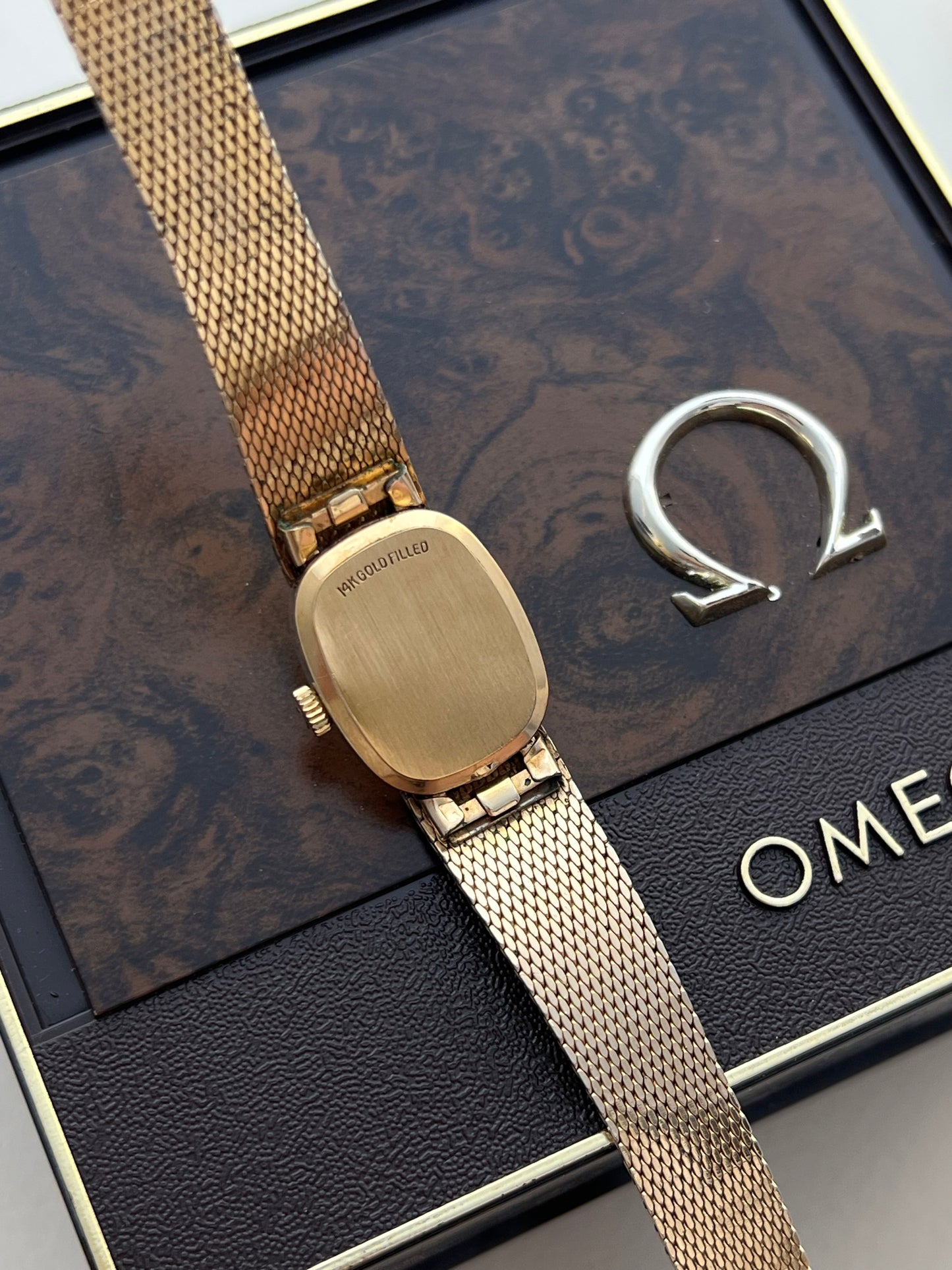 Omega 14k Gold Filled Women's Watch with Roman Dial and Mesh Bracelet