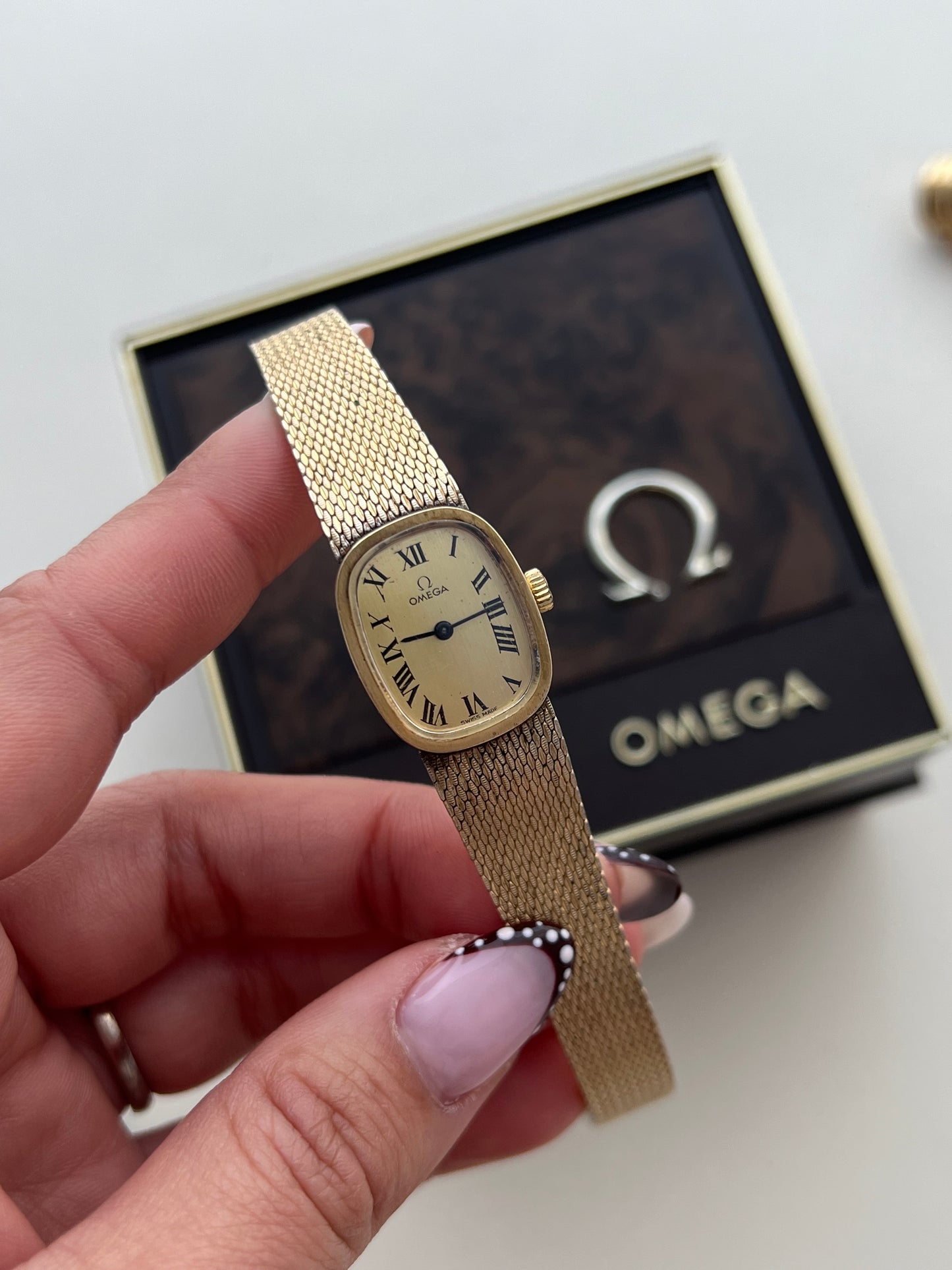 Omega 14k Gold Filled Women's Watch with Roman Dial and Mesh Bracelet