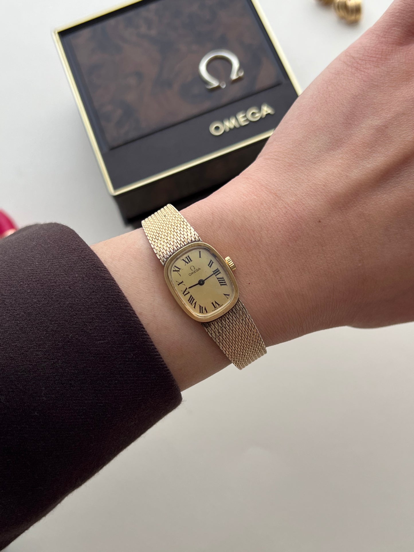 Omega 14k Gold Filled Women's Watch with Roman Dial and Mesh Bracelet