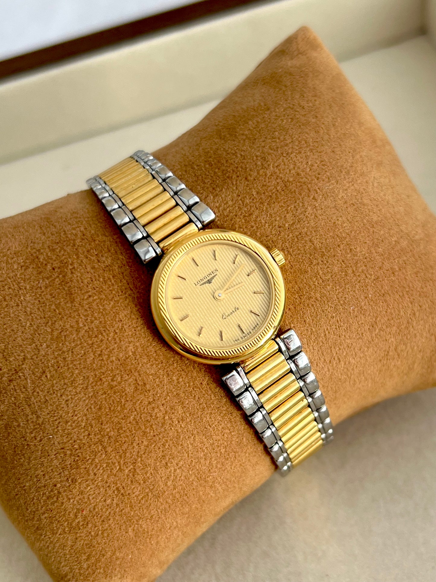 Longines Two Tone Round Women's Watch with Textured Bezel