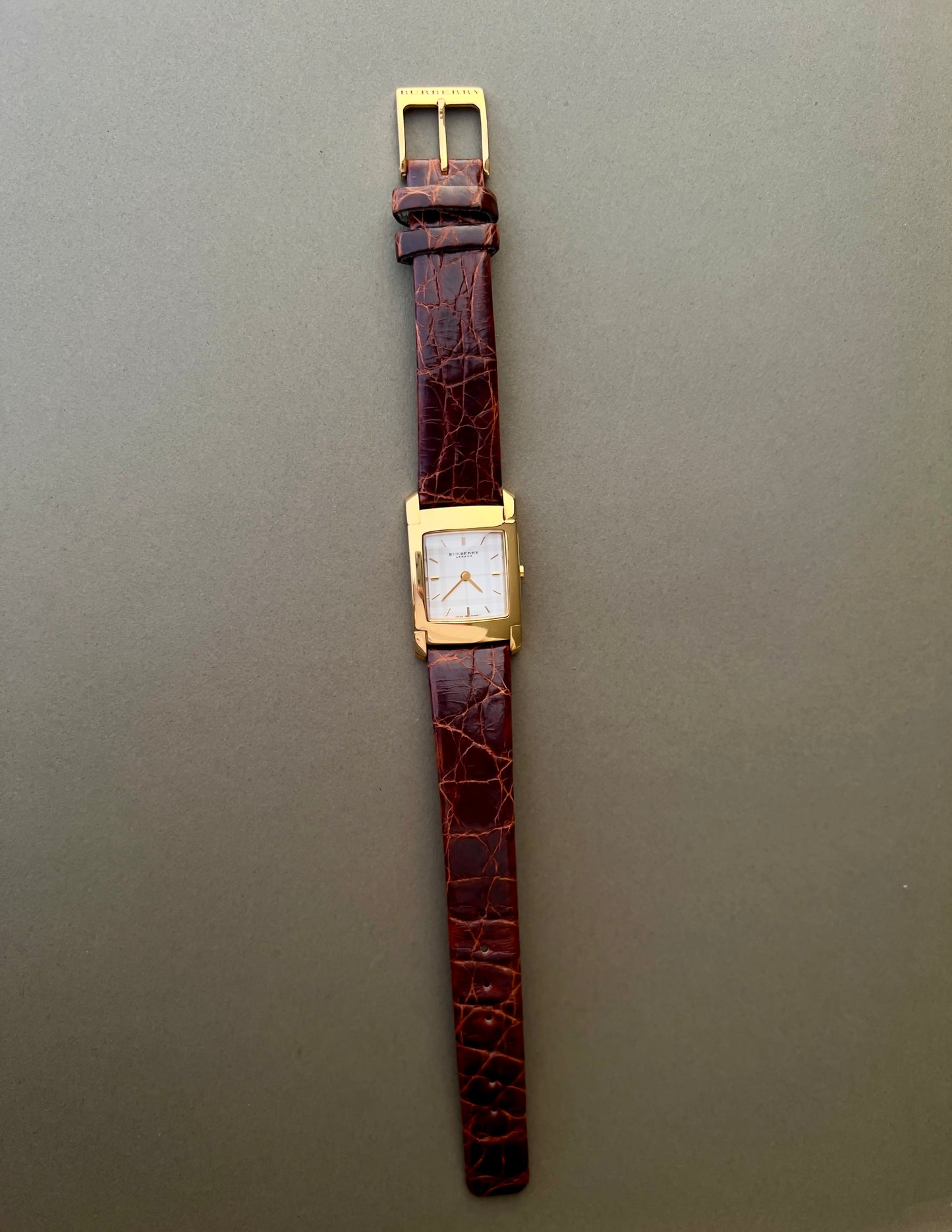 Burberry London Rectangular Gold Woman's Watch with Croc-Embossed Strap