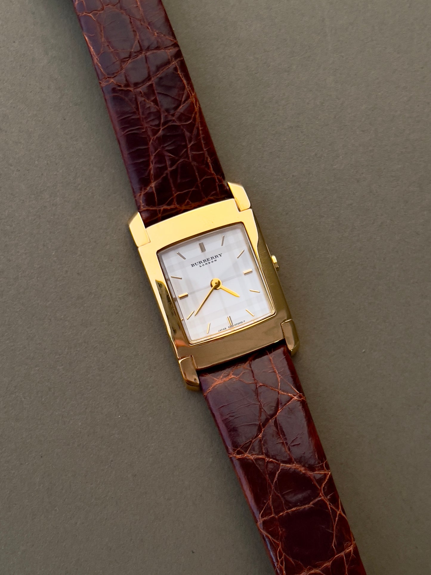 Burberry London Rectangular Gold Woman's Watch with Croc-Embossed Strap
