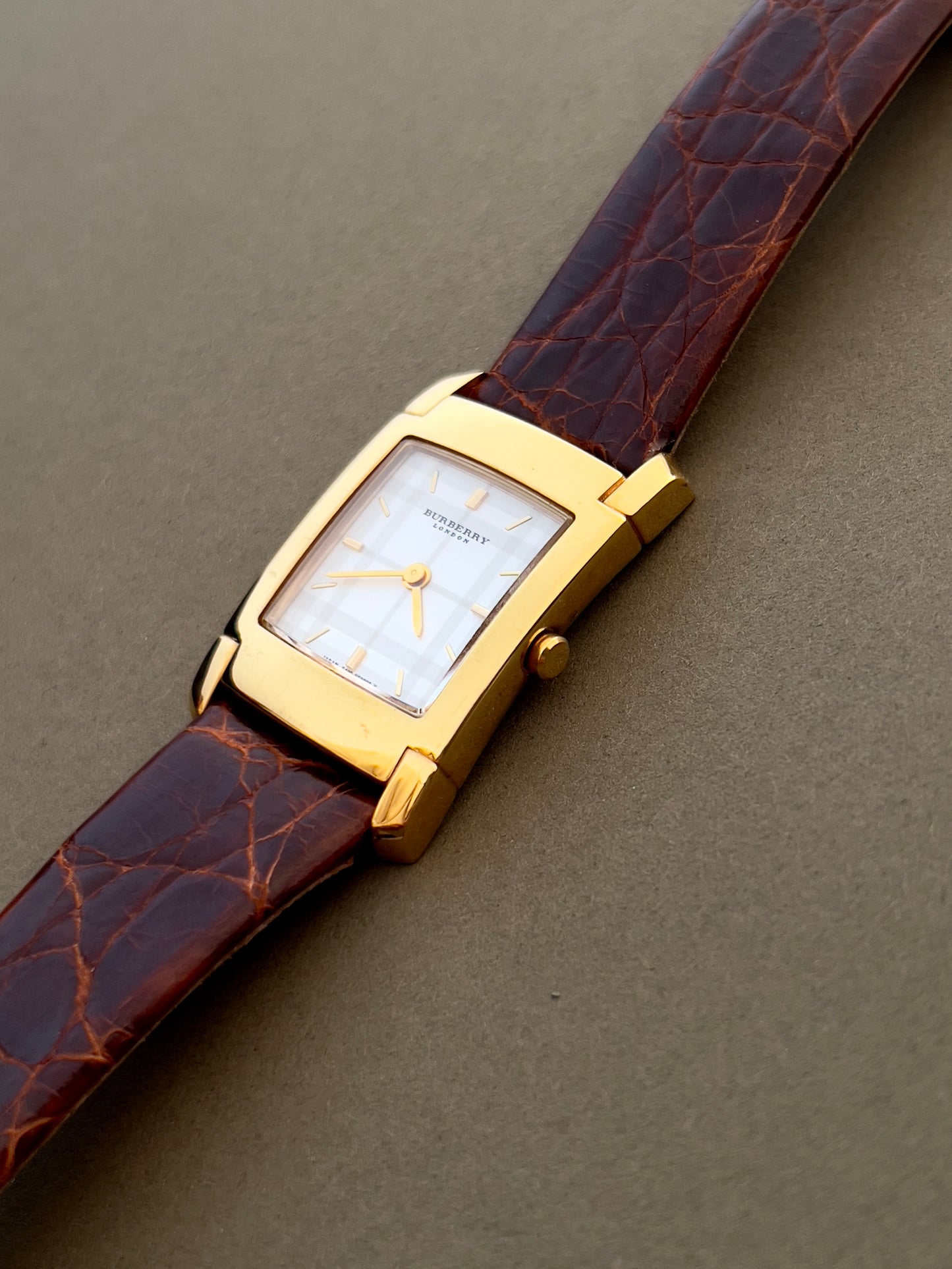 Burberry London Rectangular Gold Woman's Watch with Croc-Embossed Strap