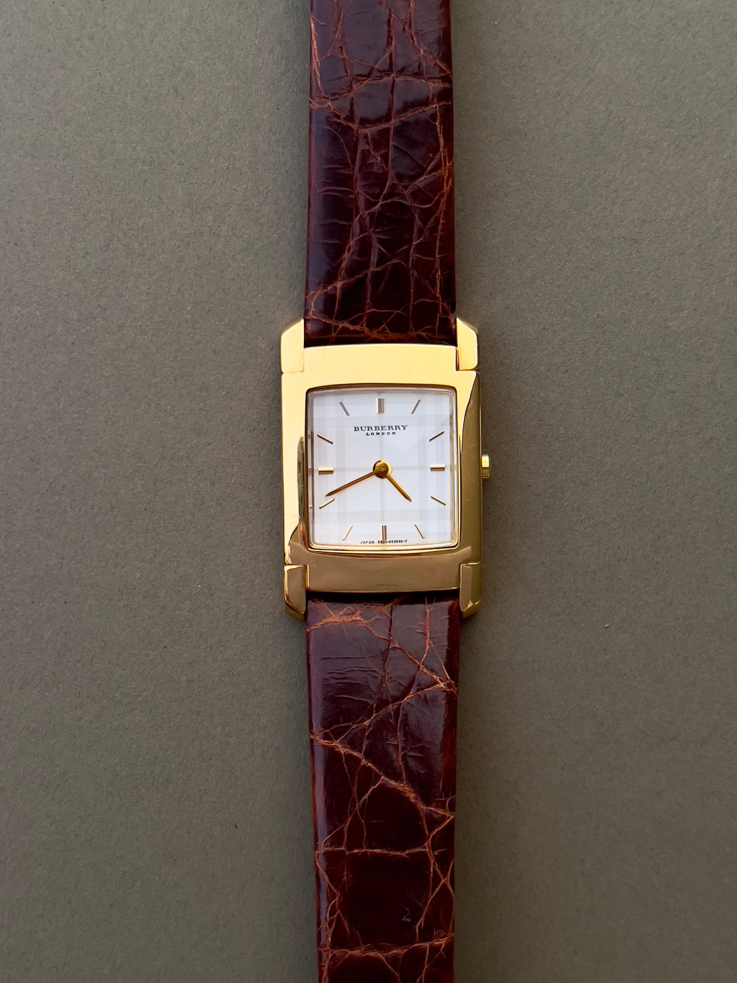 Burberry London Rectangular Gold Woman's Watch with Croc-Embossed Strap