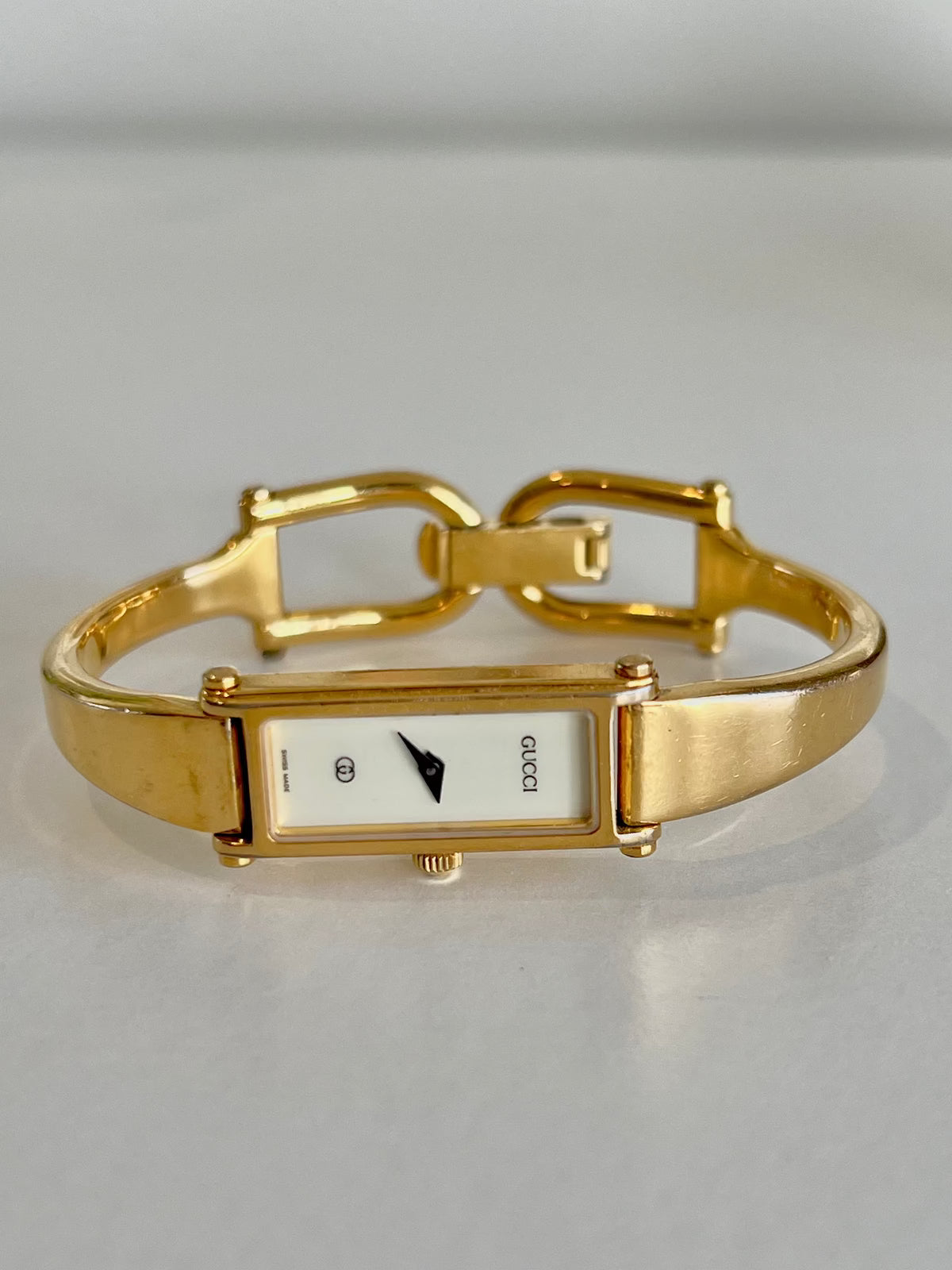 Gucci 1500 Gold Bangle Women’s Watch Ivory Dial, box set of a vintage women's watch at Gilded Hour.