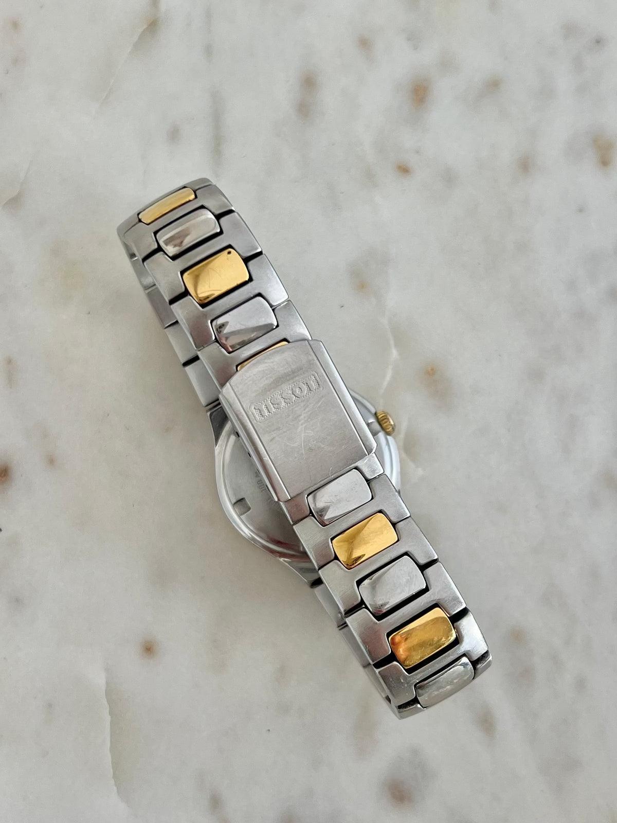 Tissot P440 White Roman Date Two Tone Watch: signed Tissot clasp.