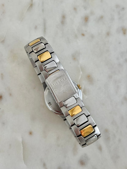 Tissot P440 White Roman Date Two Tone Watch: signed Tissot clasp.