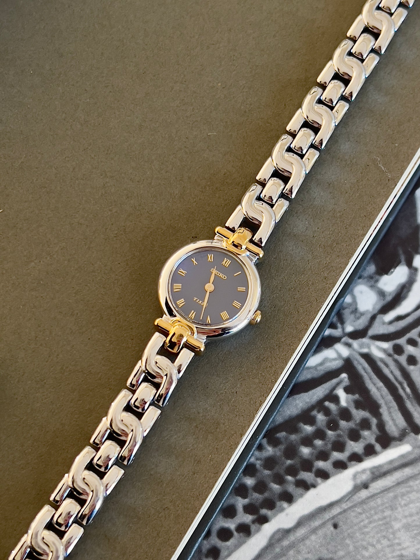 Seiko Two Tone Bracelet Sculpted Woman's Watch with a Blue Dial