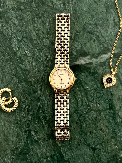 Seiko Exceline Two Tone Woman's Watch with Champagne Guilloche Dial