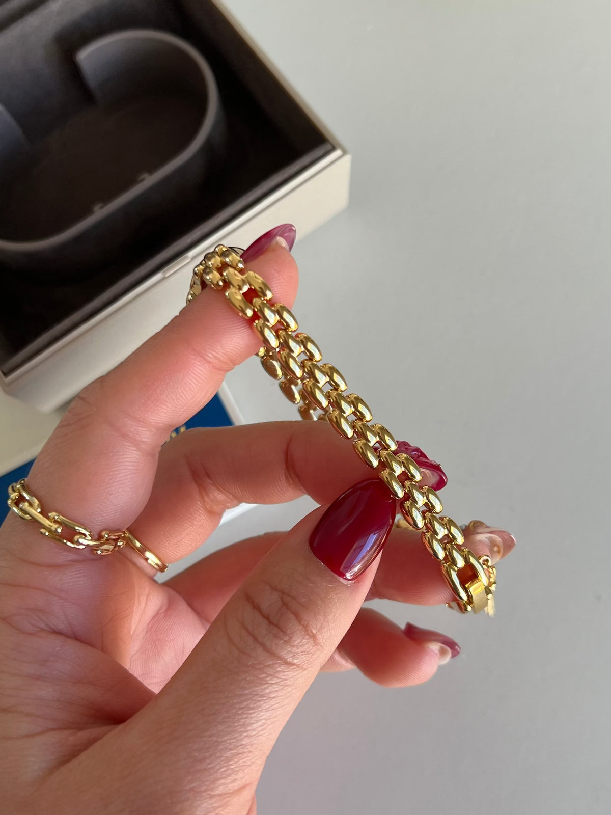 Seiko Tisse Gold Bead Bracelet Women's Watch with Encrusted Ruby & Diamond, wrist shot of a vintage women's watch at Gilded Hour.