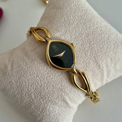 Seiko Black Dial Leaf Bracelet Women’s Watch, dial close up of a vintage women's watch at Gilded Hour.