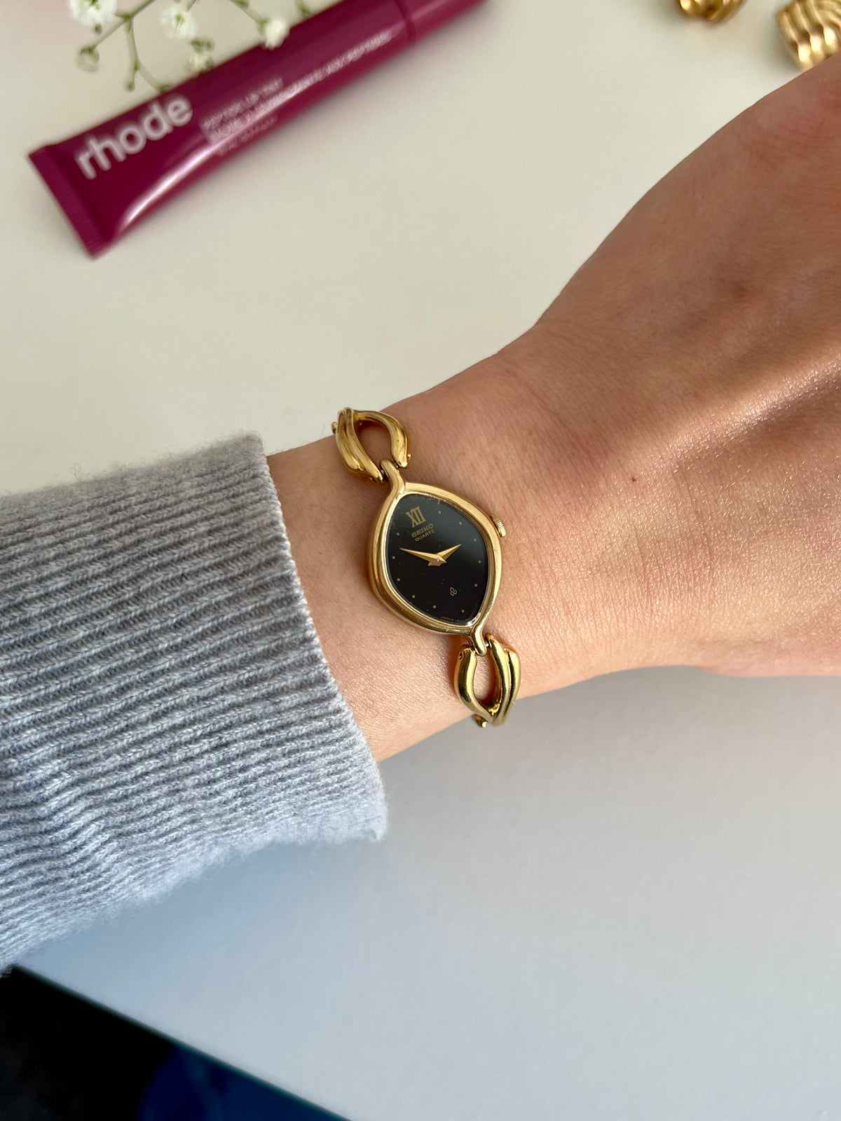 Seiko Black Dial Leaf Bracelet Women’s Watch, dial close up of a vintage women's watch at Gilded Hour.