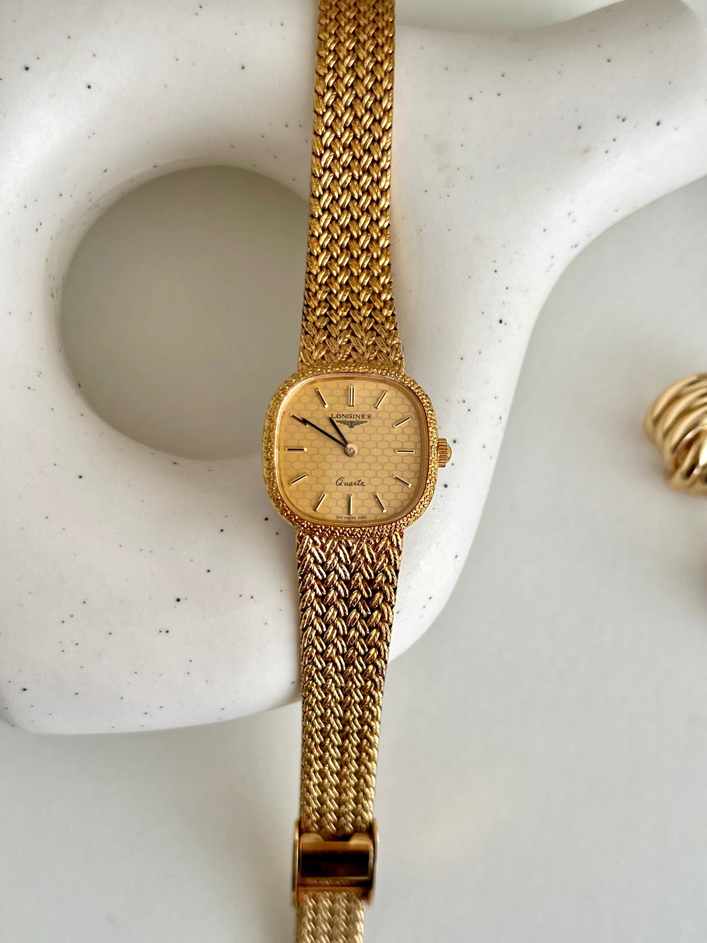 Longines Gold Tone Textured Cushion Women's Watch with Woven Bracelet