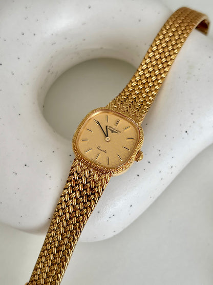 Longines Gold Tone Textured Cushion Women's Watch with Woven Bracelet