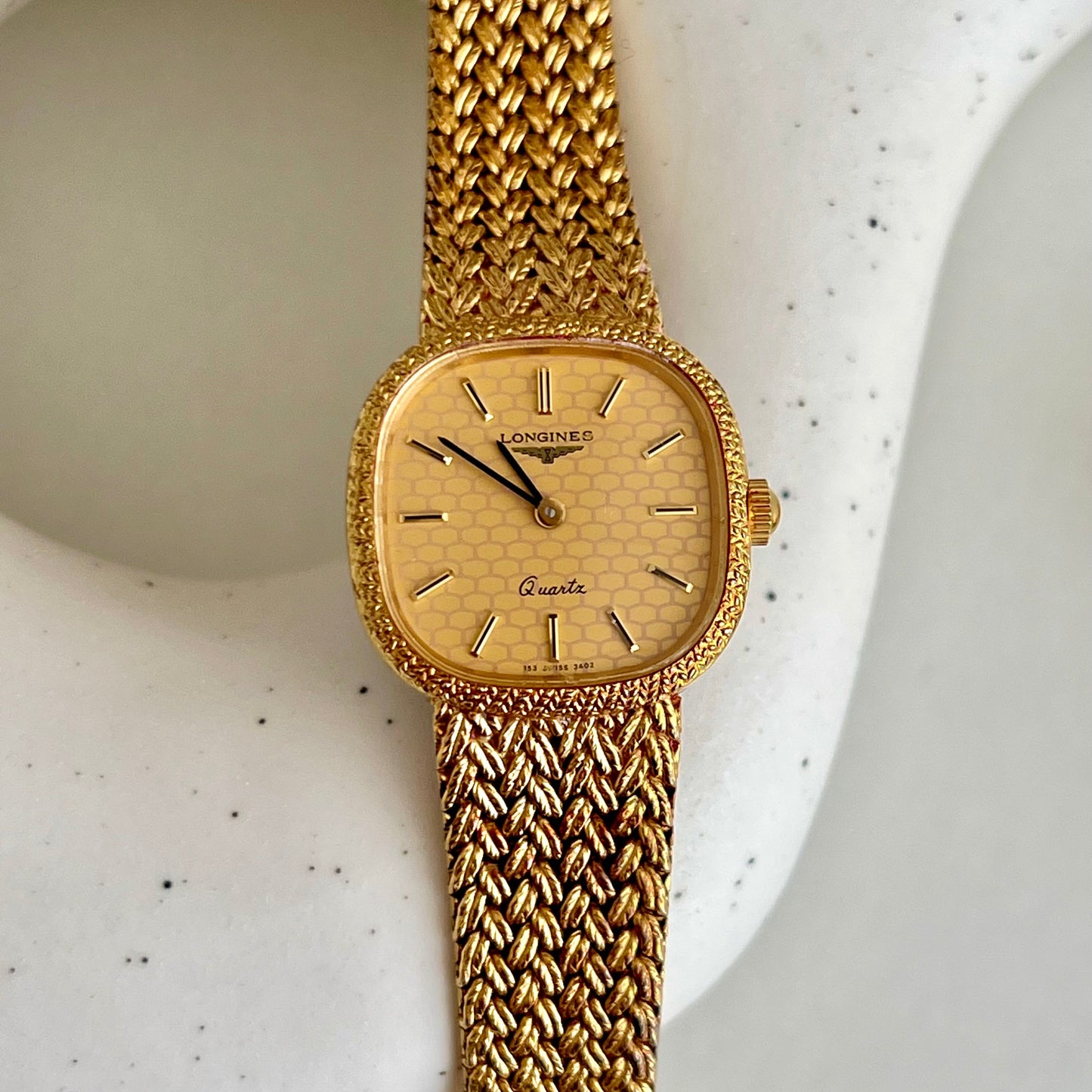Longines Gold Tone Textured Cushion Women's Watch with Woven Bracelet