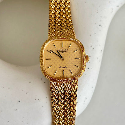 Longines Gold Tone Textured Cushion Women's Watch with Woven Bracelet
