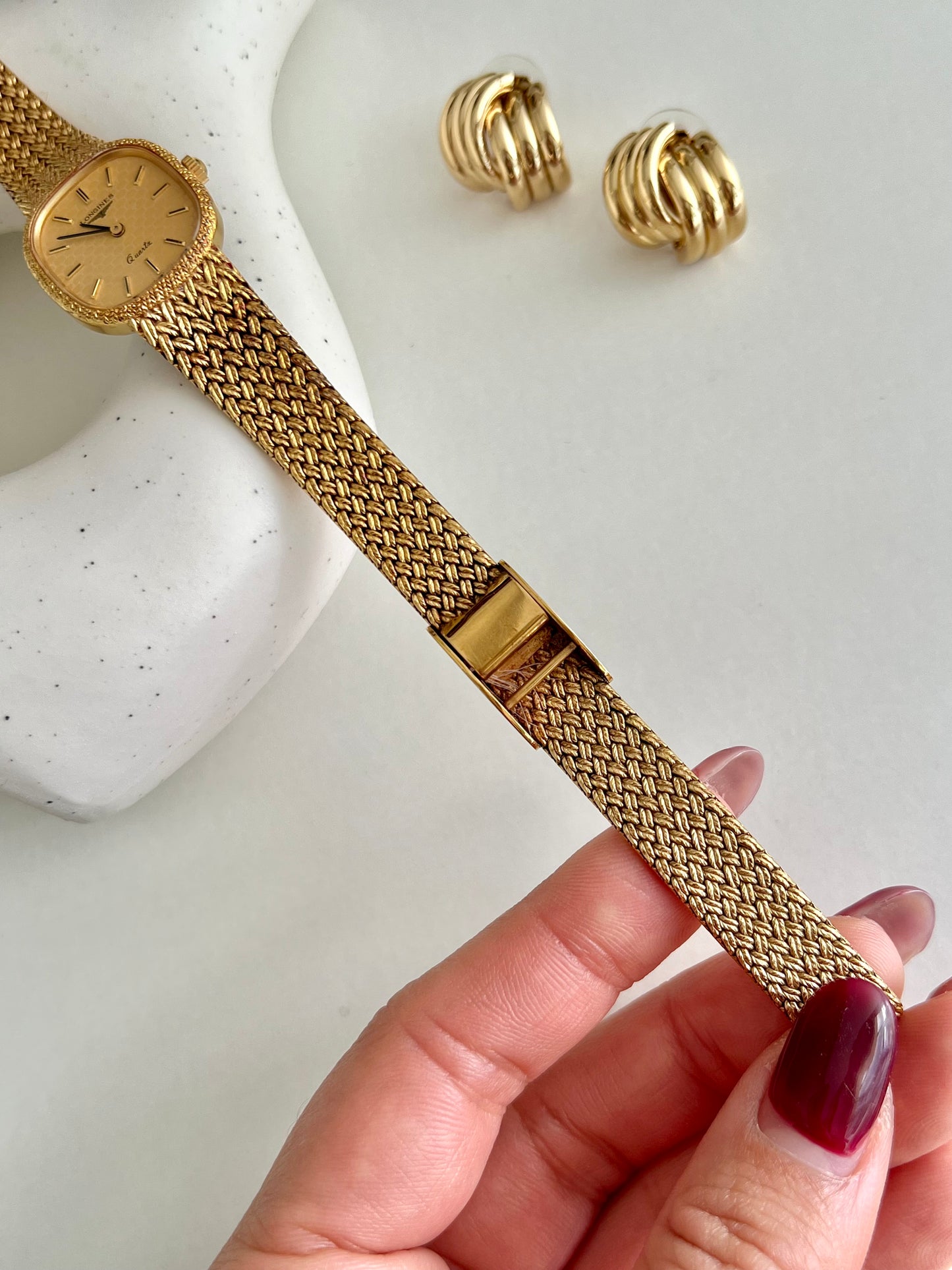 Longines Gold Tone Textured Cushion Women's Watch with Woven Bracelet