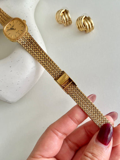 Longines Gold Tone Textured Cushion Women's Watch with Woven Bracelet