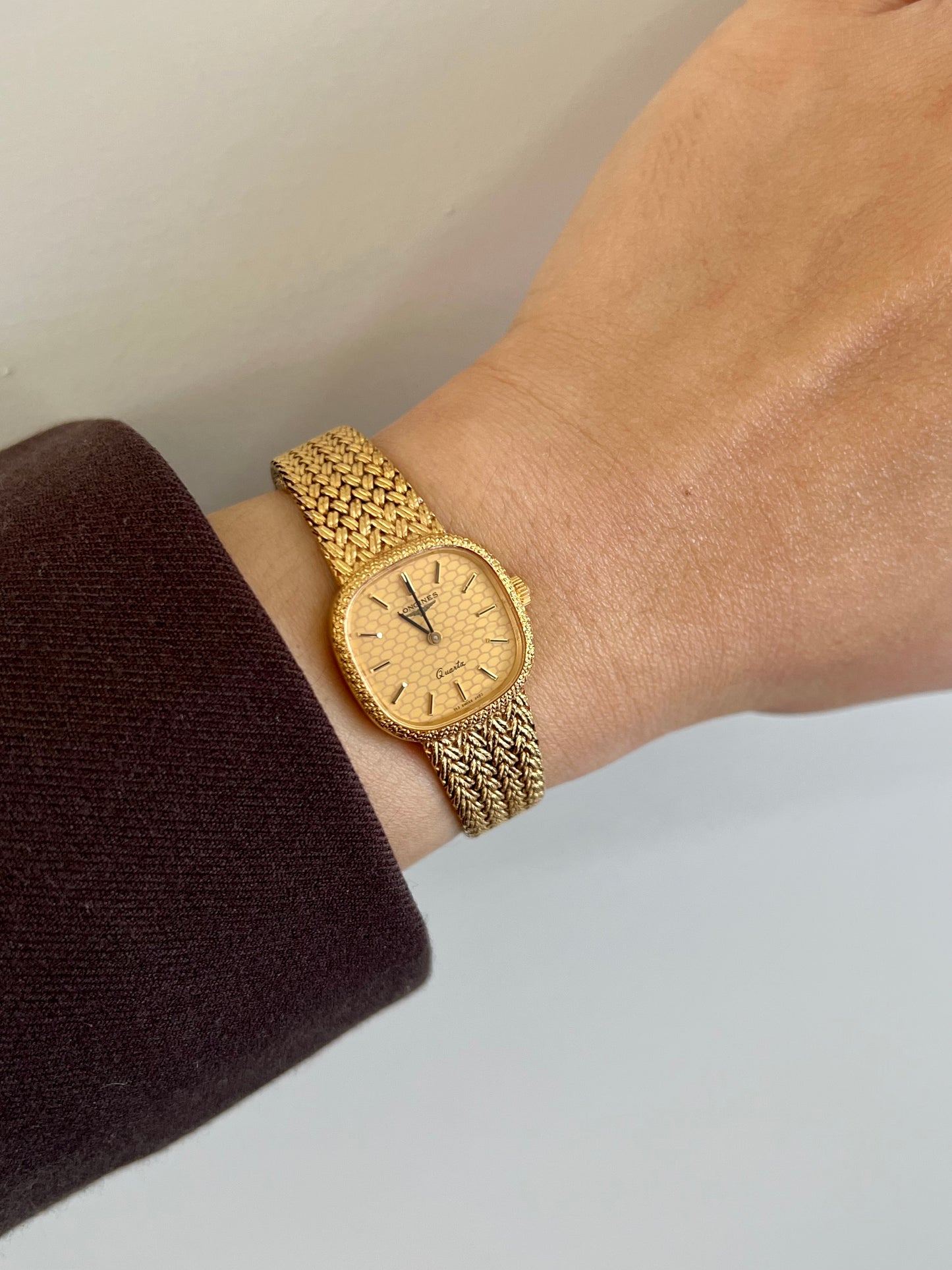 Longines Gold Tone Textured Cushion Women's Watch with Woven Bracelet