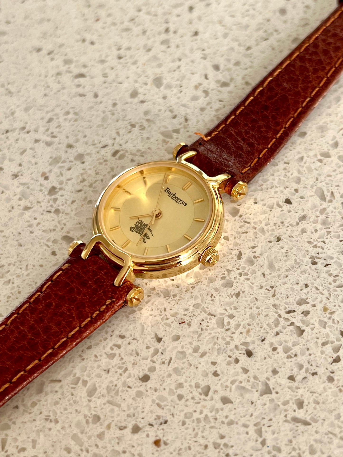 Burberrys Gold Lady Watch with Sculpted Loop Lugs and Champagne Dial 24mm Diameter