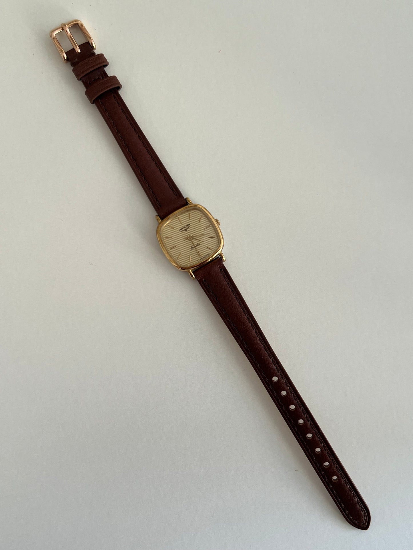 Longines Gold Toned Cushion Case Stripe Dial Woman's Watch
