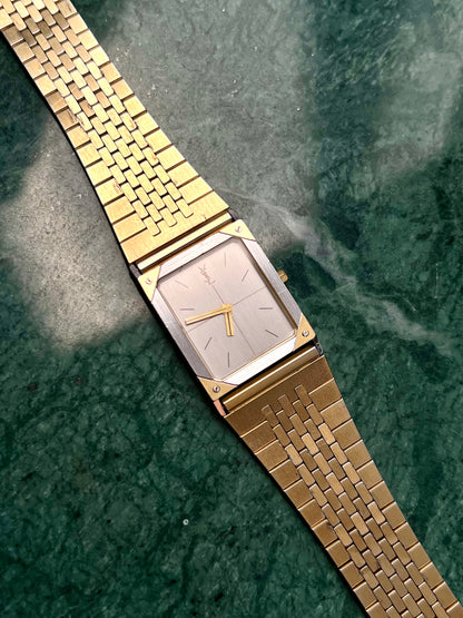 YSL Silver and Gold Gilt Satin Dial Ladies Watch