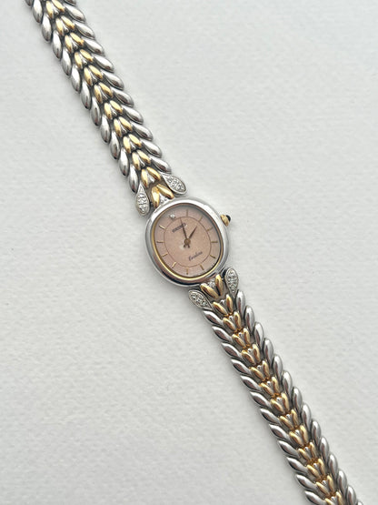 Seiko Exceline Ladies Oval Watch with Stardust Salmon Dial and Diamond Leaf Bracelet
