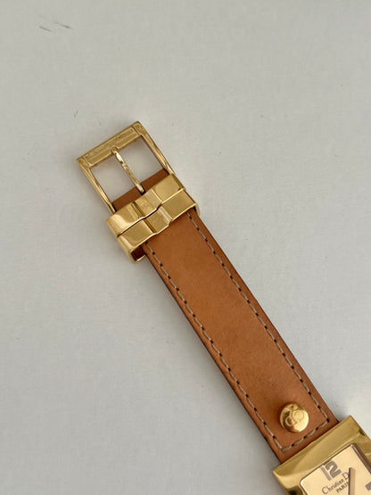 Christian Dior Malice Gold Square Watch with Tan Strap