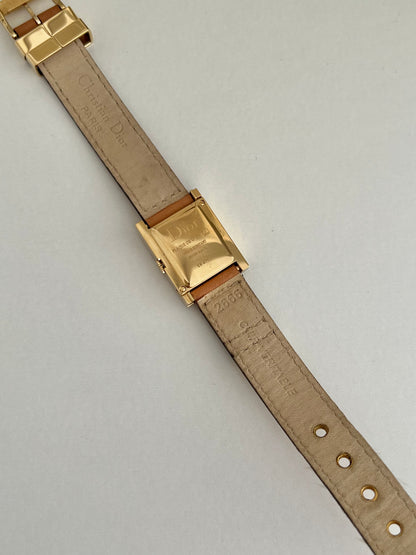 Christian Dior Malice Gold Square Watch with Tan Strap