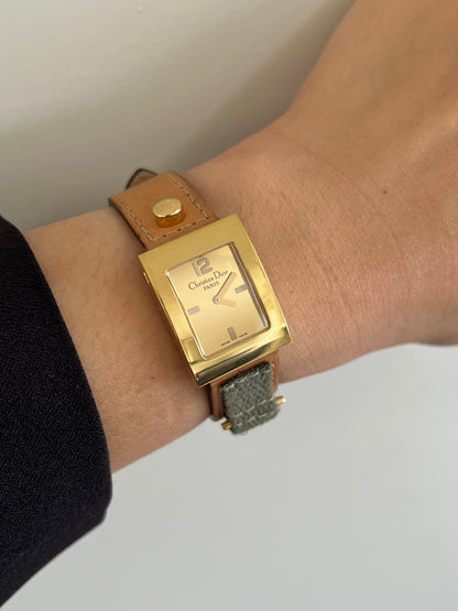 Christian Dior Malice Gold Square Watch with Tan Strap