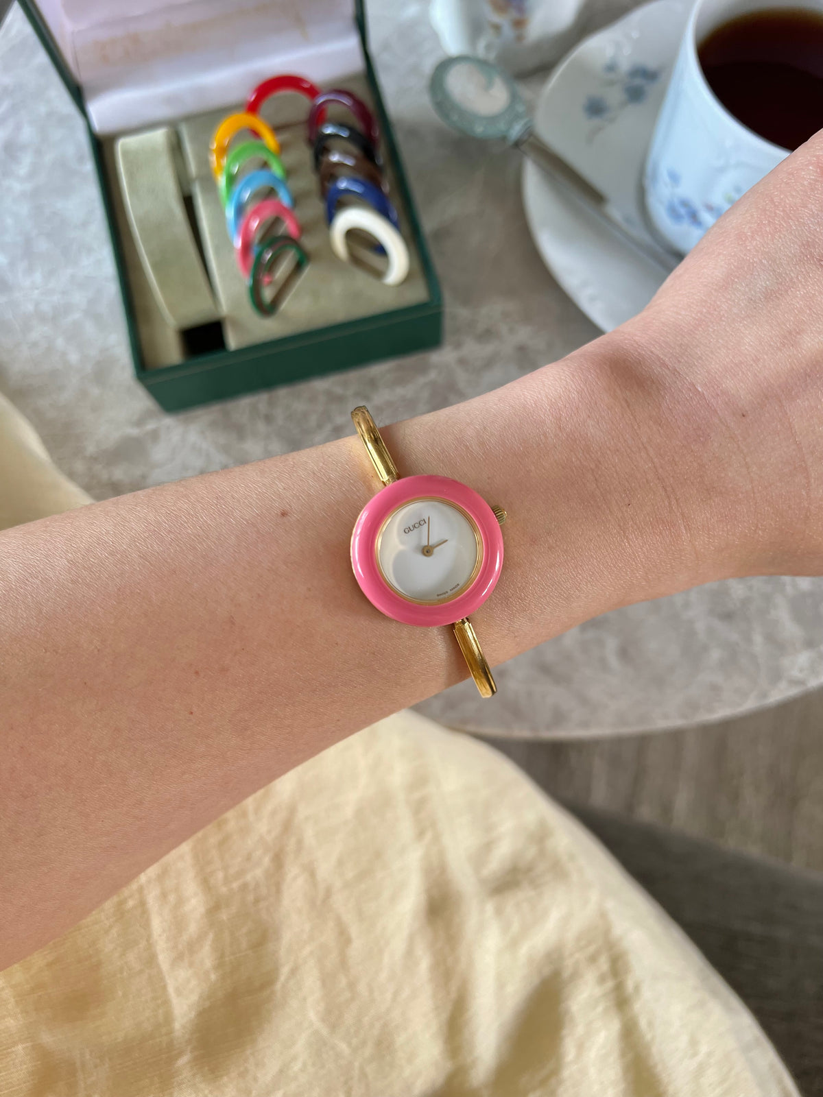 Gucci 1100L Interchangeable Bezel Women’s Watch Full Set of 12 - 2, dial close up of a vintage women's watch at Gilded Hour.