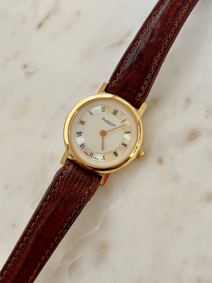 Burberry Gold Watch with Mother of Pearl Dial & Engraved Check Pattern