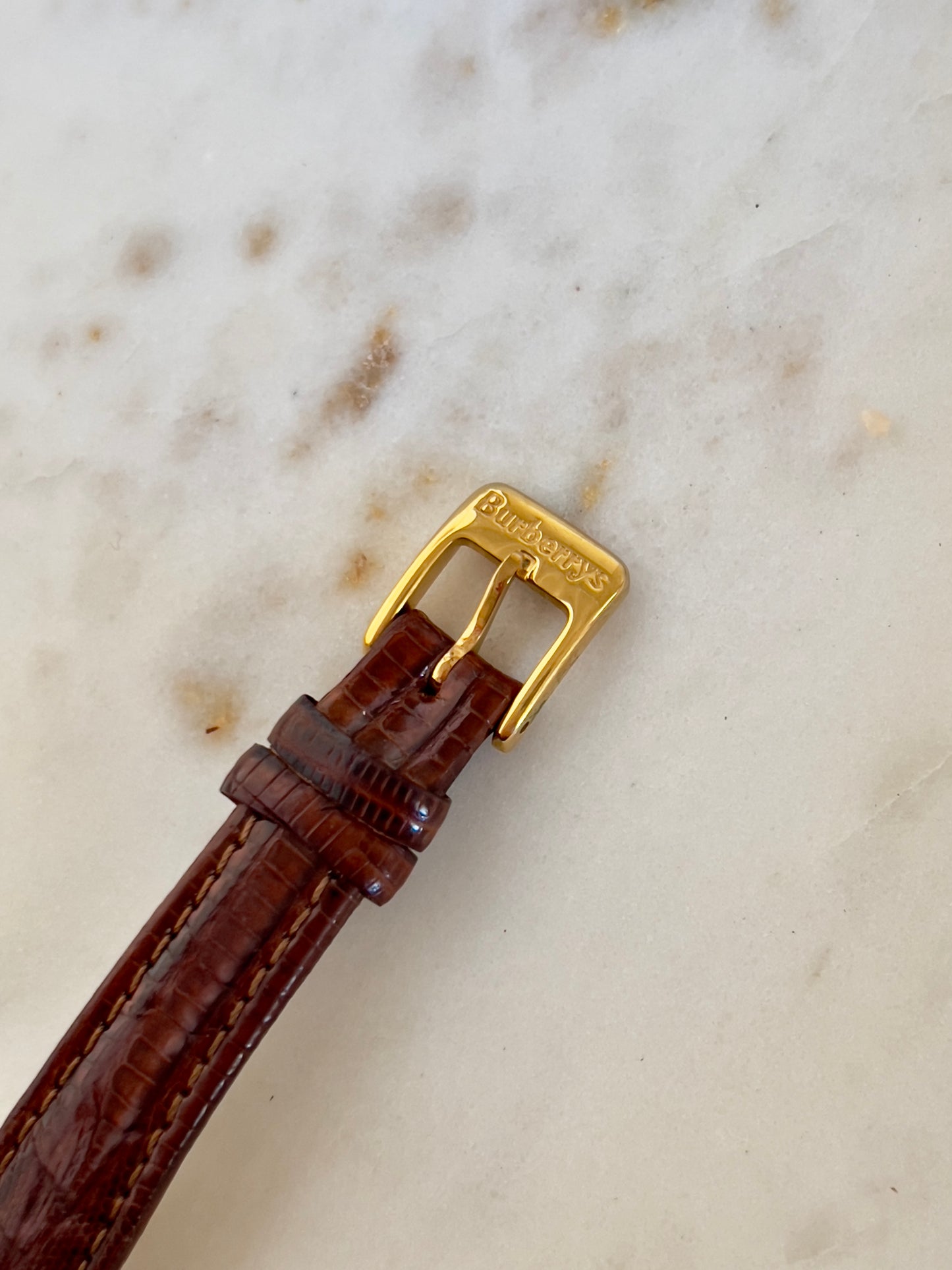 Burberry Gold Watch with Mother of Pearl Dial & Engraved Check Pattern