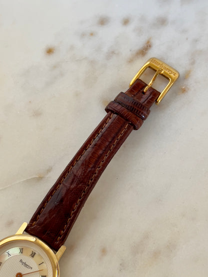 Burberry Gold Watch with Mother of Pearl Dial & Engraved Check Pattern