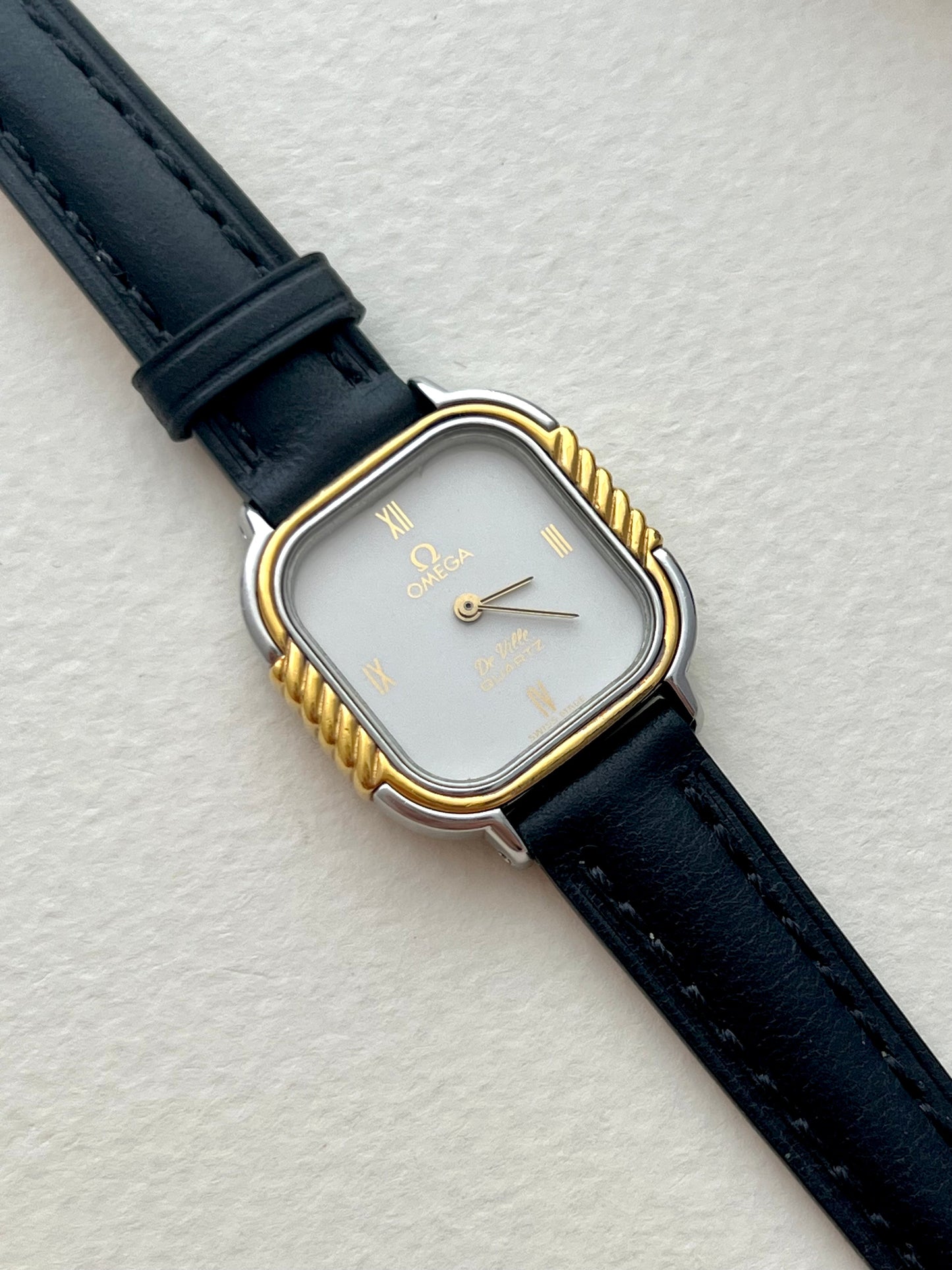 Omega De Ville Cushion Case with Twisted Gold Column Bezel Womens Watch