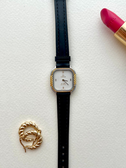 Omega De Ville Cushion Case with Twisted Gold Column Bezel Womens Watch