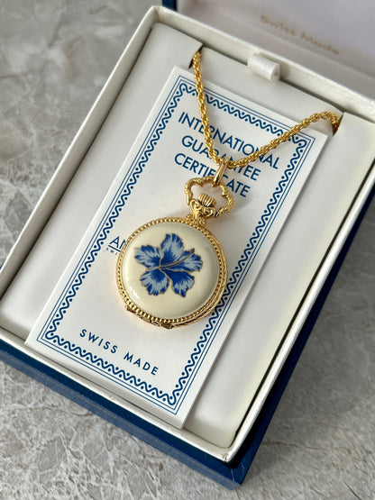 Andre Mouche Blue Floral Gold Tone Women’s Pendant Watch