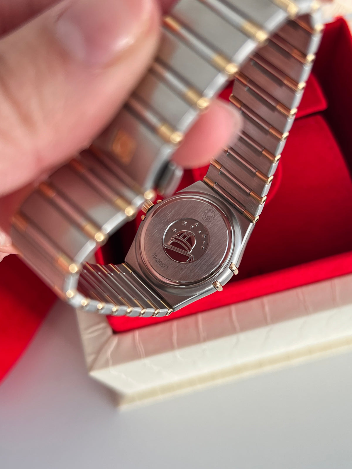 Omega Constellation Two-tone Women’s Watch, wrist shot of a vintage women's watch at Gilded Hour.