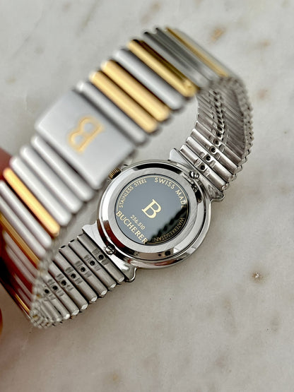 Caseback of Bucherer 256.510 women’s watch showing Swiss Made, stainless steel and water resistant markings