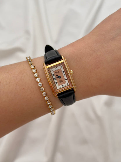 Burberrys Salmon Dial Gold Tank Women’s Watch; black leather strap with burberrys buckle. Product photograph 2 of 15.