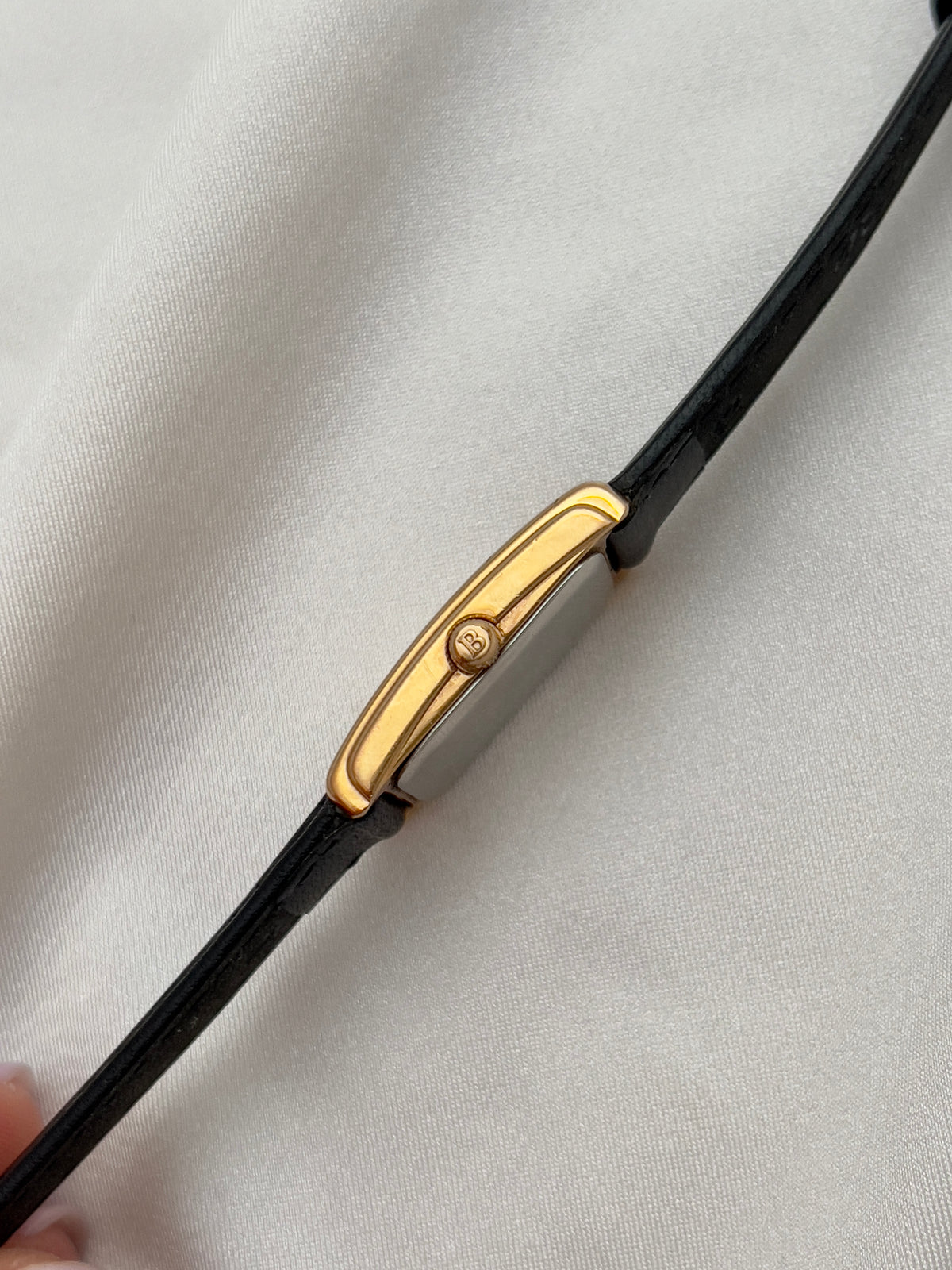 Burberrys Salmon Dial Gold Tank Women’s Watch; black leather strap with burberrys buckle. Product photograph 7 of 15.