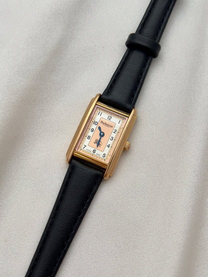 Burberrys Salmon Dial Gold Tank Women’s Watch; black leather strap with burberrys buckle. Product photograph 14 of 15.