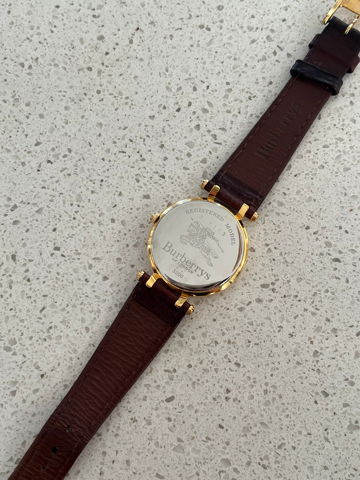 Caseback detail of the Burberrys 32 mm ladies watch.