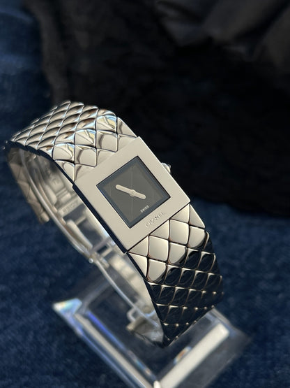 Chanel Matelassé women's watch with a black quilted dial, square steel case and polished quilted bracelet